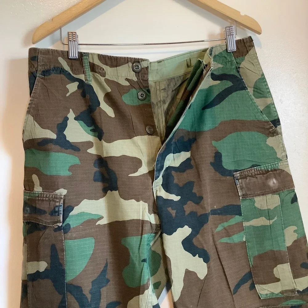Military Woodland Camo Cargo Pants Mens Medium Long Ripstop Button Fly BDU